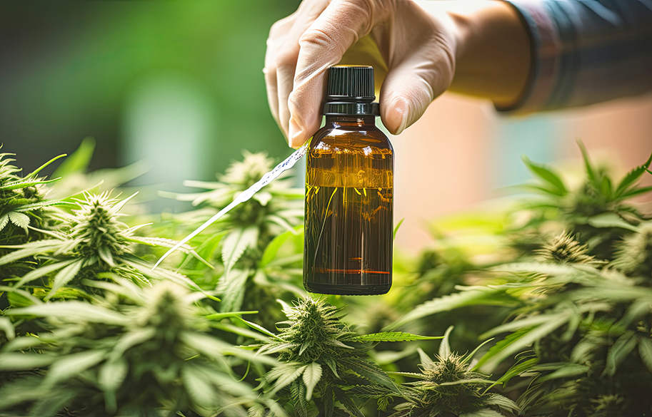 cbd-in-your-travel-routine-bottle-of-cbd-over-plant